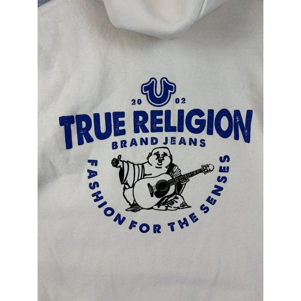 True Religion Hoodie Jacket Mens XL White Full Zip Fleece Buddha Graphic Back